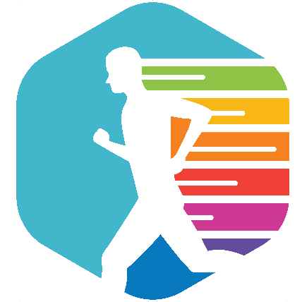 A man running with colorway following behind within a six sided polygon